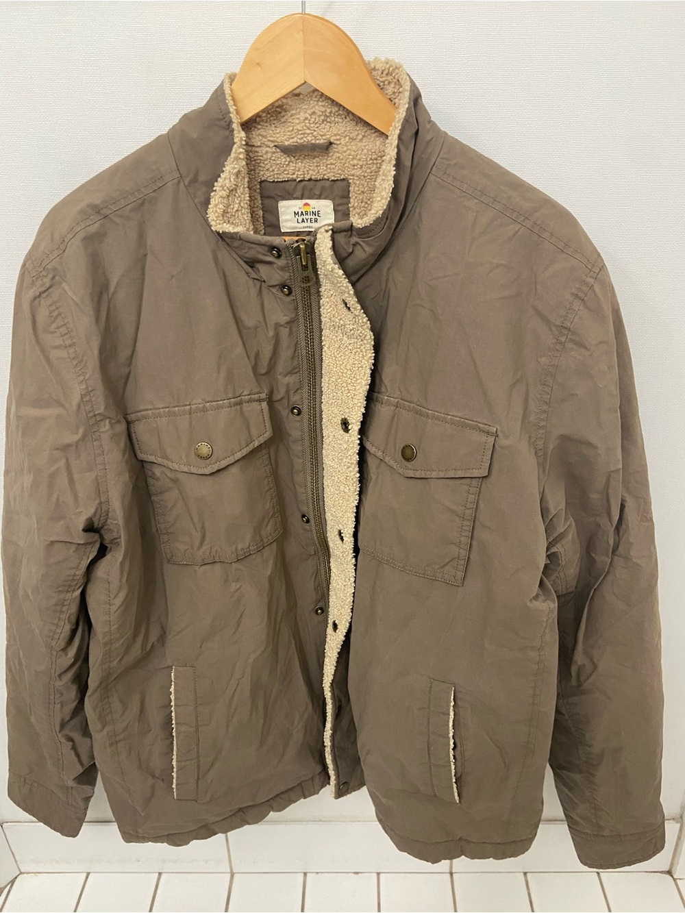 Marine Layer Men's Sherpa-Lined Field Jacket in Taupe with Cream Lining